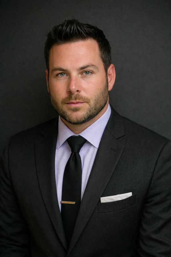 Confident man in a dark suit and tie posing against a black background.
