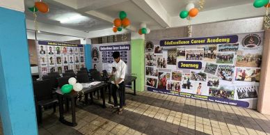 Career academy event with decorations and photo displays.
