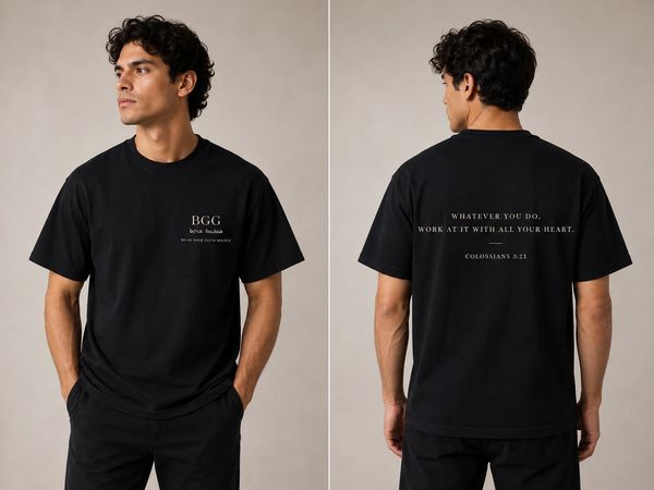 Black t-shirt with inspirational biblical quote.