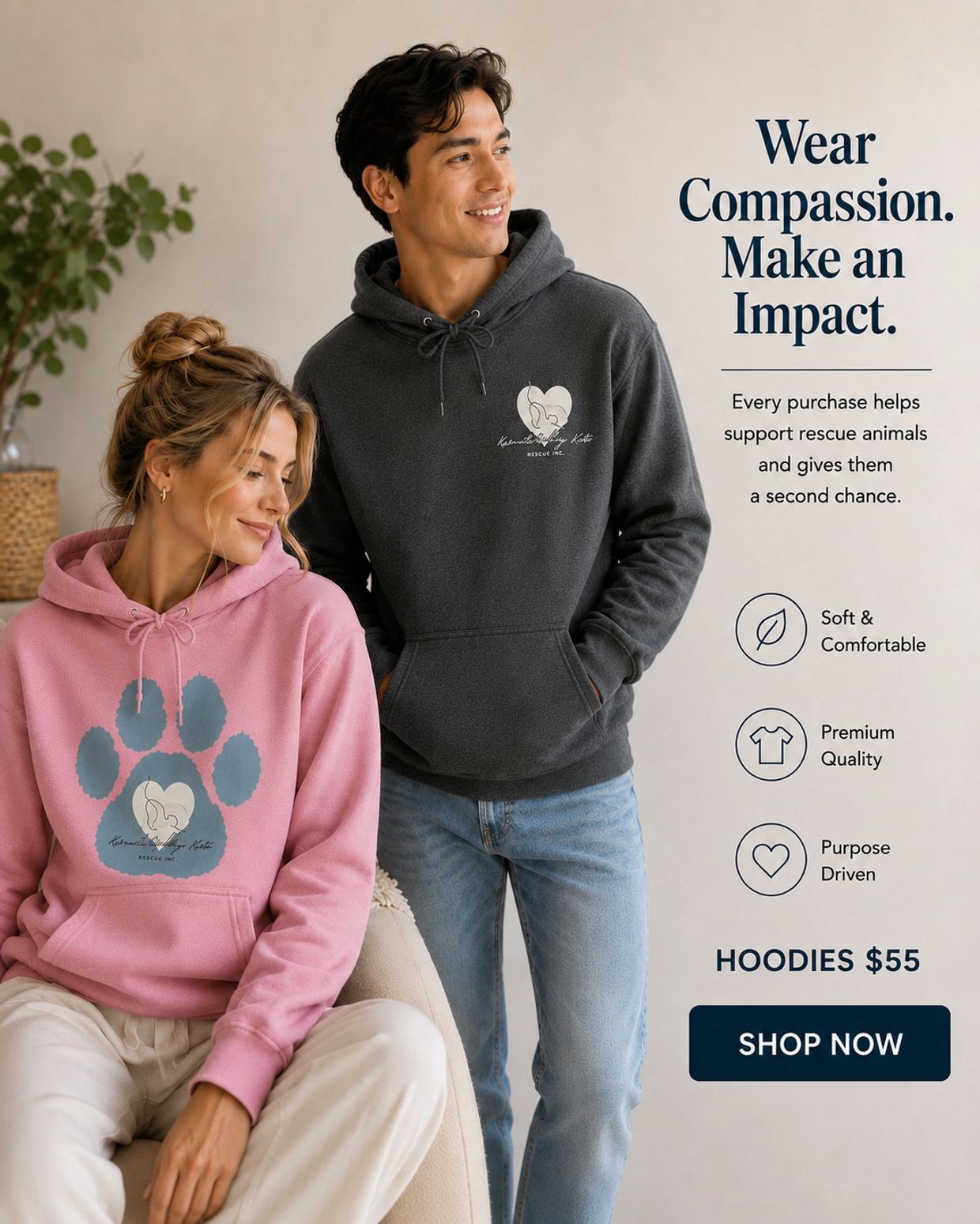 Two models wear hoodies promoting animal rescue and compassion.