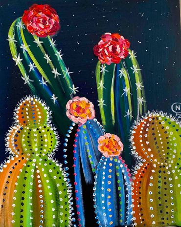 Green and Red Cactus flower acrylic painting 