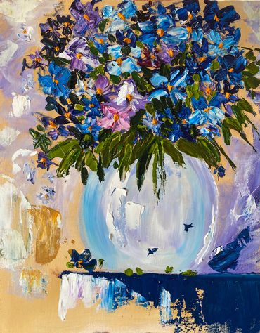 Happy Hydrangeas blue and violet flowers in a vase