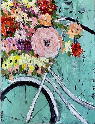 French Bicycle with pink flowers basket painted in acrylic paint