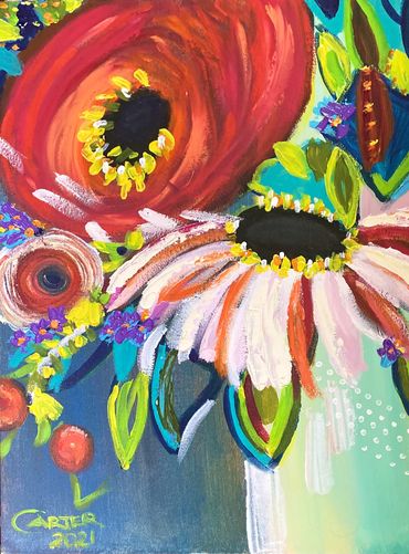 Abstract floral painting with daisy, dahlia and violets
