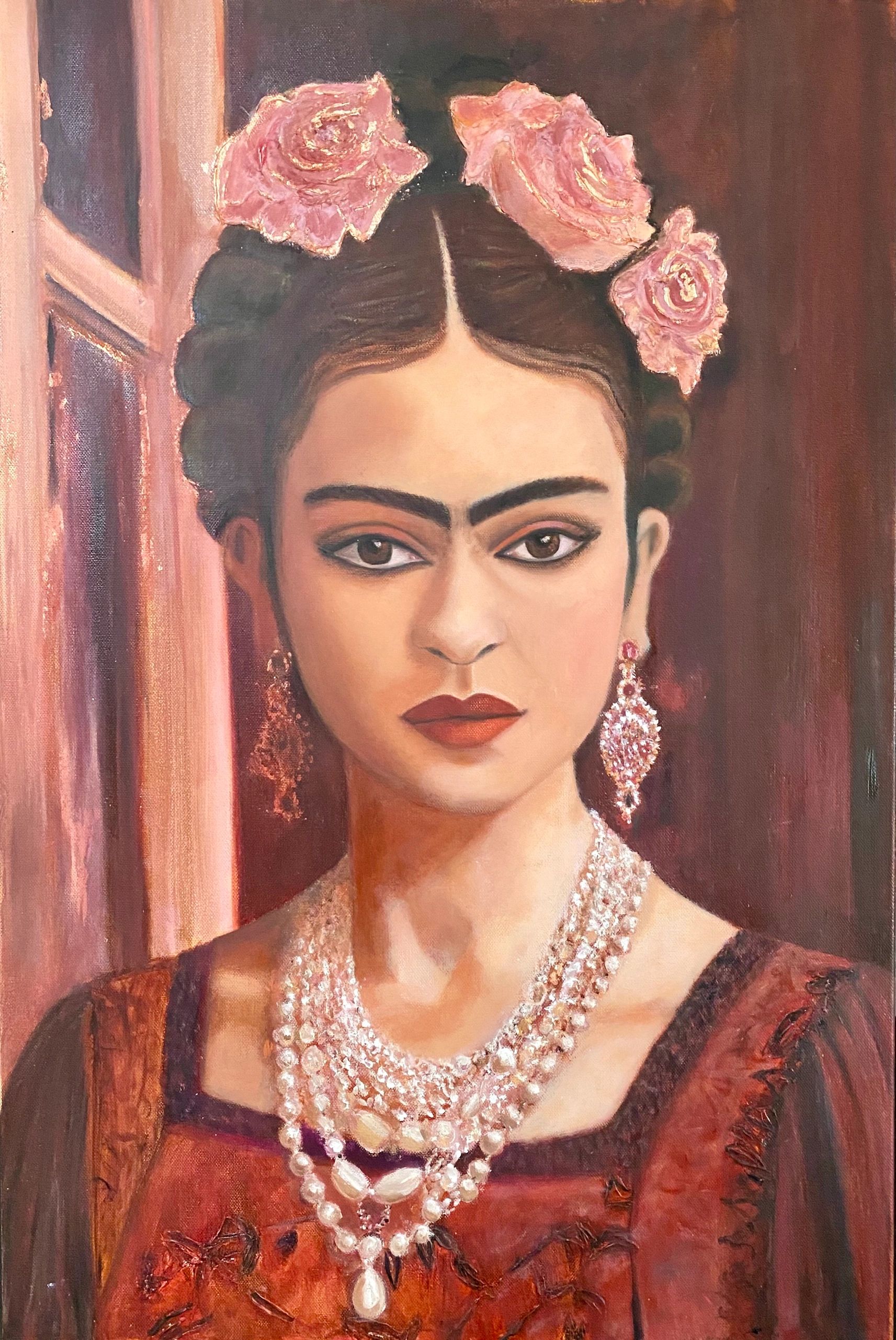 Painting of Frida Kahlo the Mexican artist, with Pink roses in her hair and pearl necklace.
