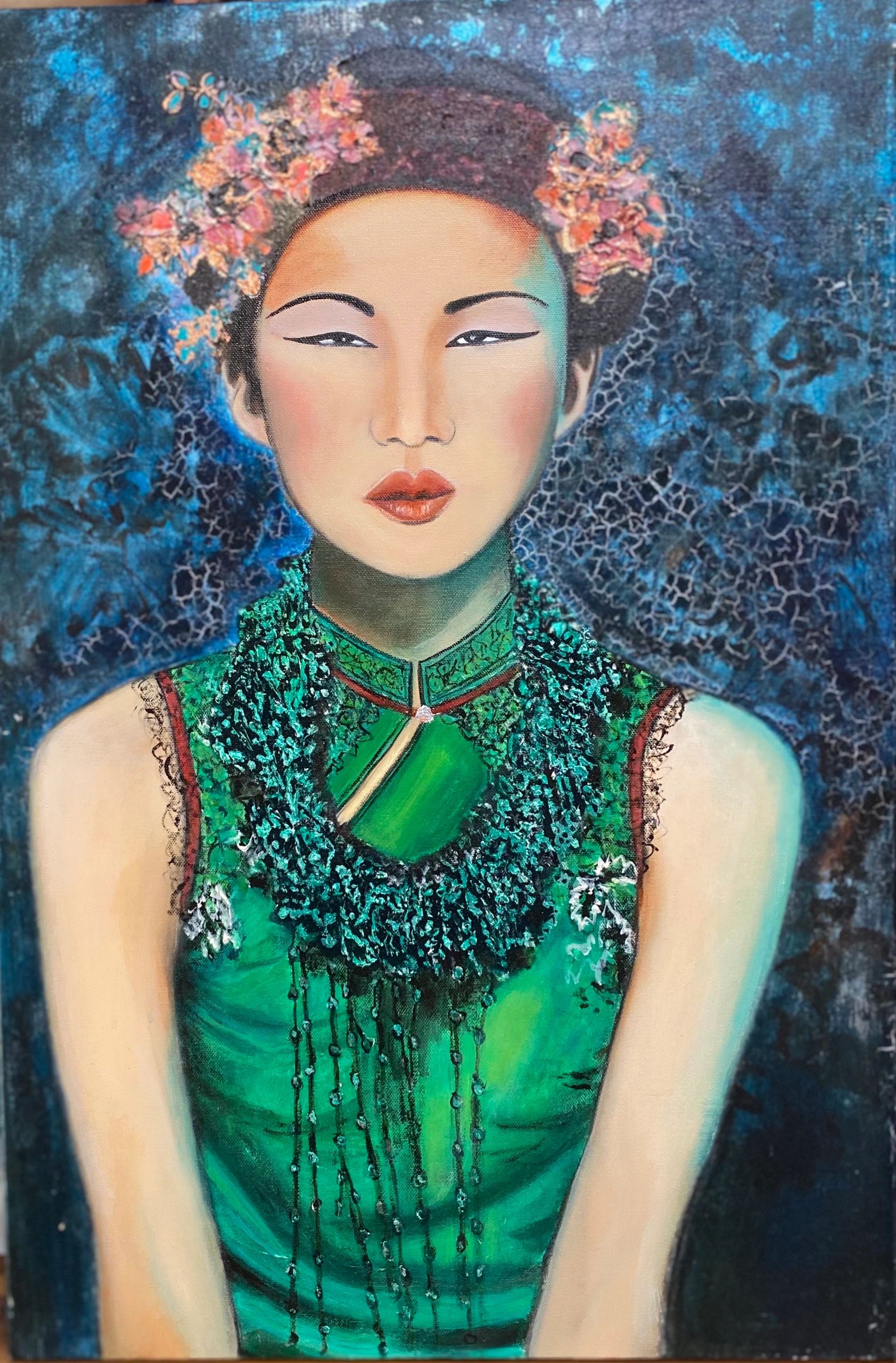 PAINTING OF A VIETNAMESE FEMALE WITH A GREEN TOP.