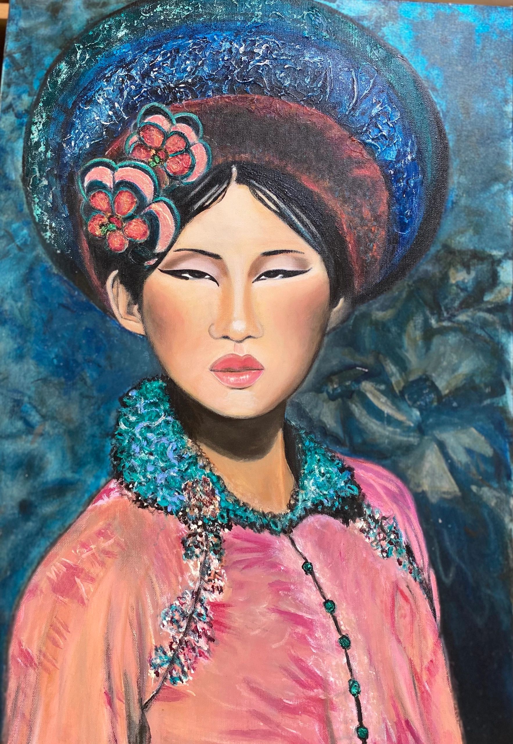 Portrait Paint of a Vietnamese female with a flower hat and pink silk jumper.