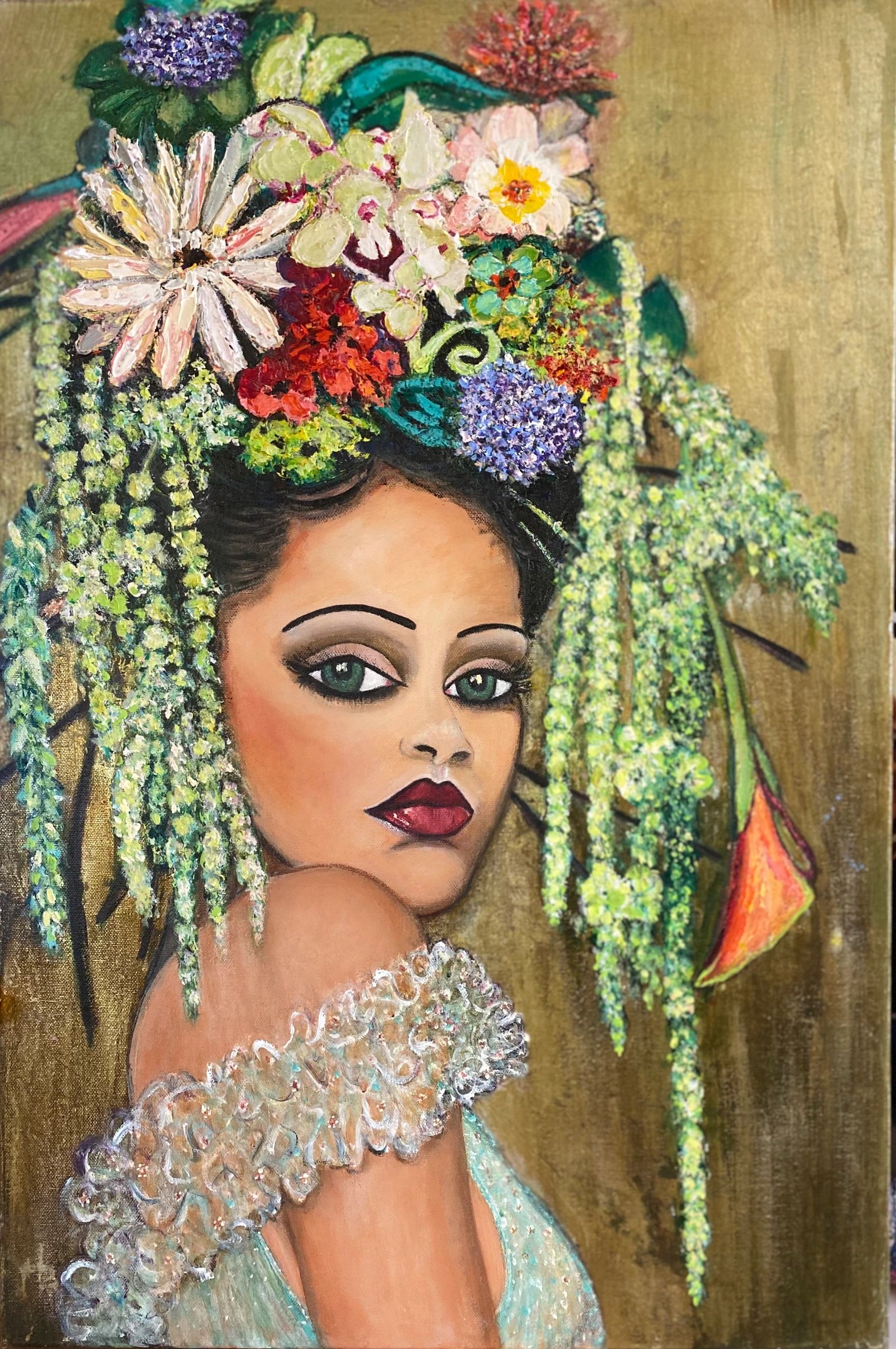 PAINTING OF  A FEMALE SINGER CALLED RIHANNA WITH TEXTURED FLOWERS IN HER HAIR.