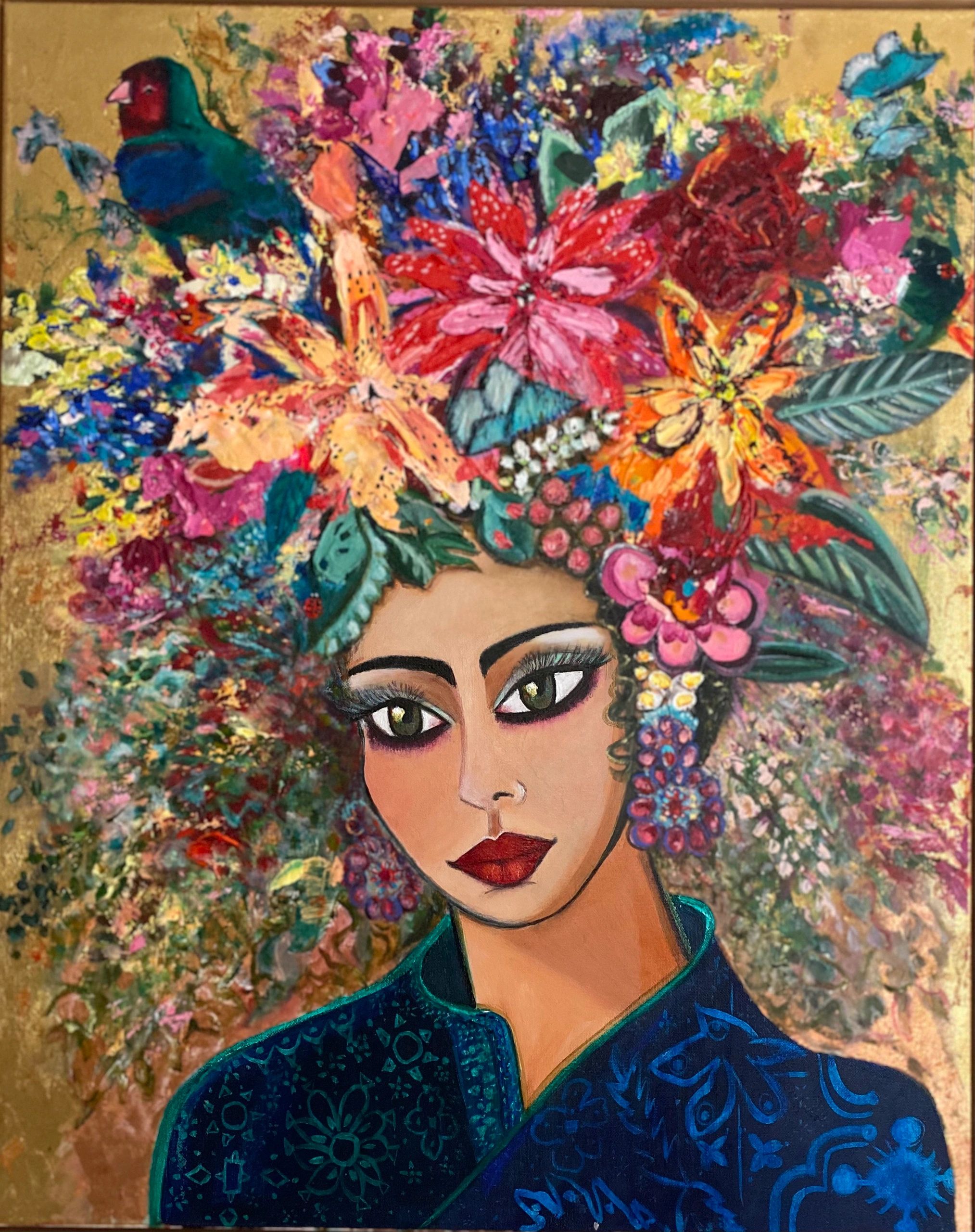 Painting of a Female with colourful textured flowers and a bird in her hair.