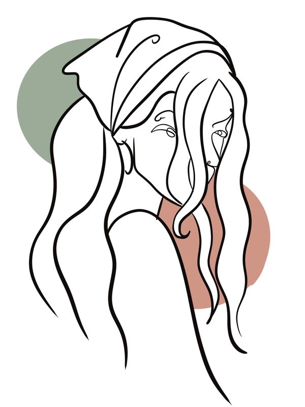 Boho-style line drawing. Woman with long hair & bandana holding back her hair. Two circles behind.