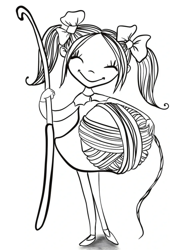 Illustration of a small girl, with a huge grin, holding a crochet hook and yarn ball larger than her