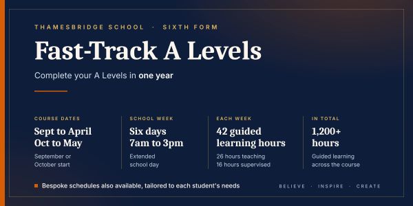 Fast-track A Levels with Thamesbridge School in one year.