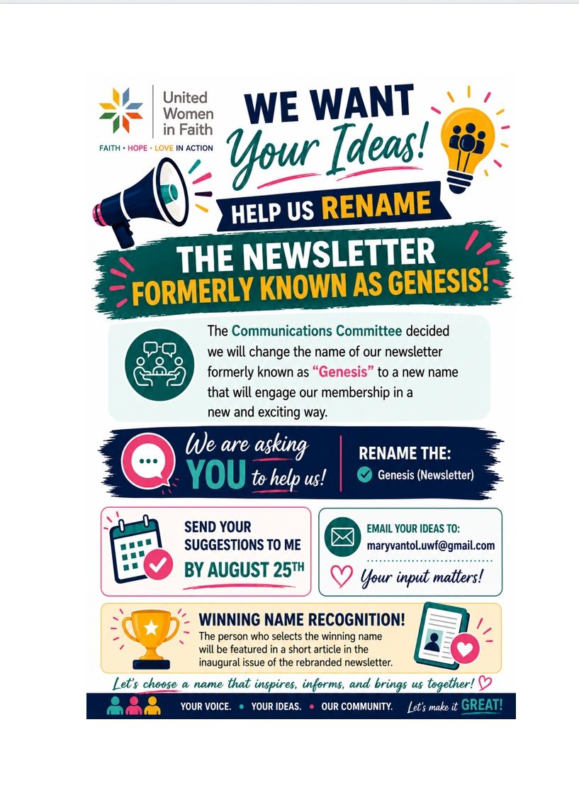 Flyer requesting ideas to rename the United Women in Faith newsletter.