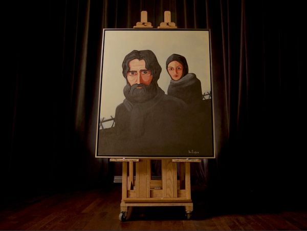A somber portrait of a bearded man and a woman in dark clothing on an easel.