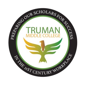 Logo of Truman Middle College with a green and gold phoenix and a motivational phrase.