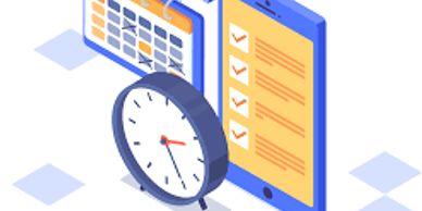 Illustration of time management with clock, calendar, and checklist on tablet.