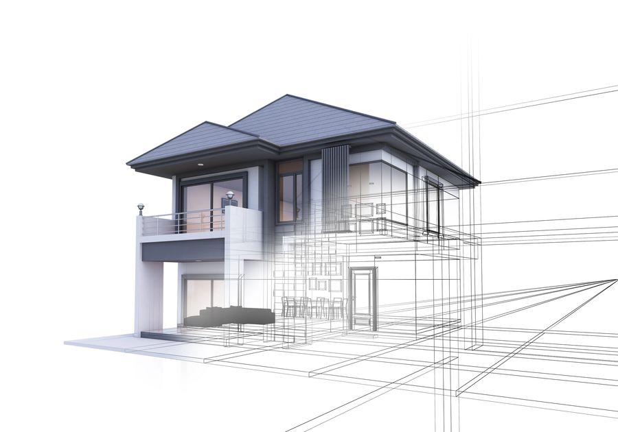 Rendering of a home transitioning from blueprint wireframe to finished exterior