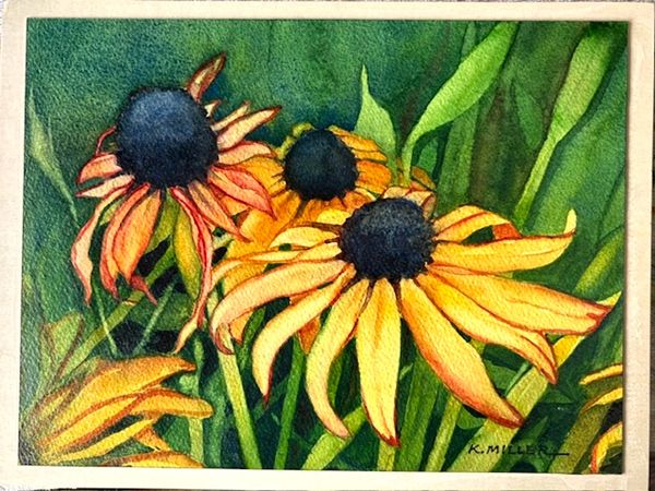 Watercolor painting of yellow coneflowers with dark centers.