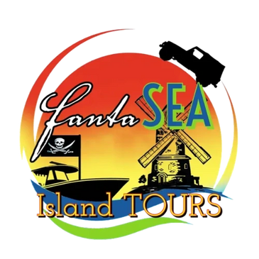 FantaSEA Island Tours Logo of a boat, rum mill, jeep and a sunset with the company name in writing