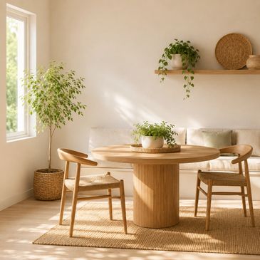 Minimalist dining area with wooden furniture and natural light.