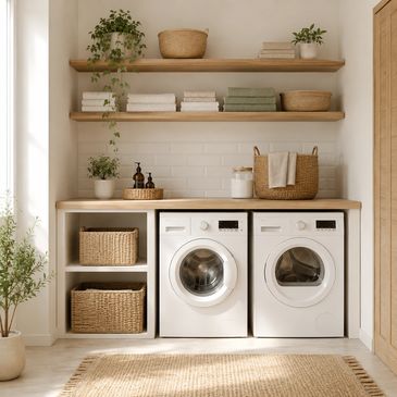 Bright laundry room with washer, dryer, and natural decor.