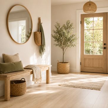 Cozy entryway with natural wood and woven decor.