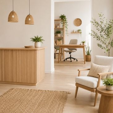 Cozy, minimalist office space with natural wooden furniture and greenery.