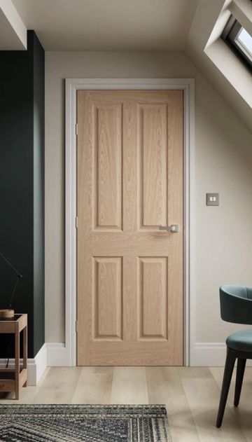 A modern wooden door with a sleek handle in a stylish room.