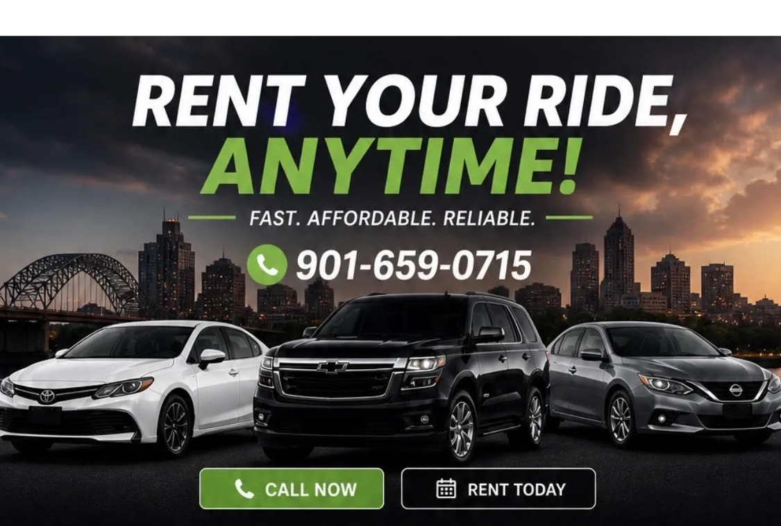 Car rental service advertisement with contact number and vehicle options.