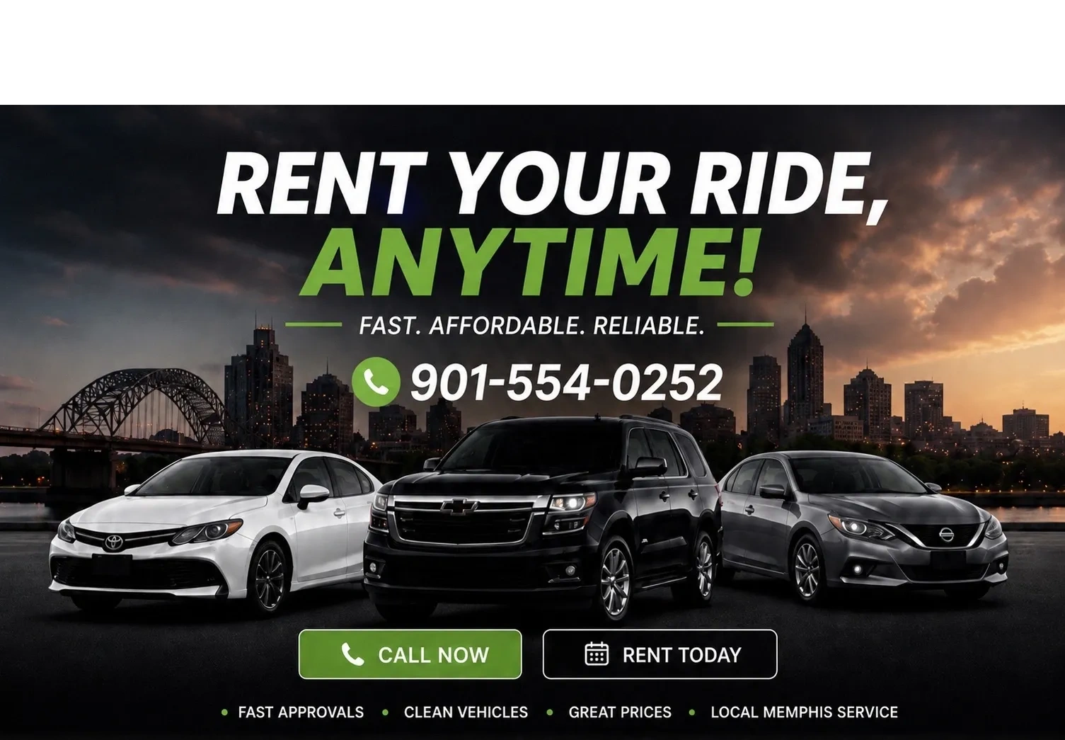 Car rental service with contact info and benefits.