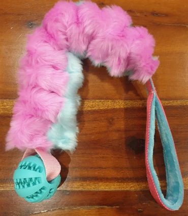 pink and white faux fur with bungee ball and short handle