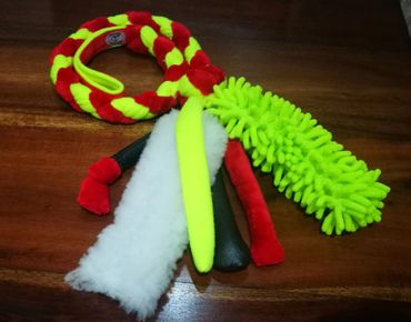 red and yellow fleece with leather mop and sheep skin tentacles