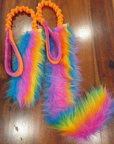 long and short orange bungee tug with rainbow faux fur