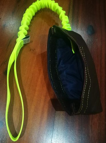 leather treat pouch on lumo yellow bungee