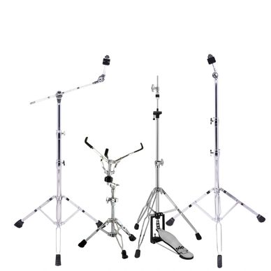 Set of chrome drum hardware stands including cymbal, snare, and hi-hat stands.