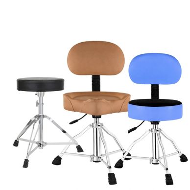 Three adjustable stools with different seat and backrest designs.