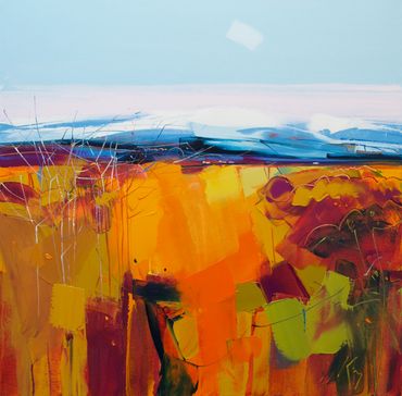 Abstract landscape painting with vibrant orange and blue tones.