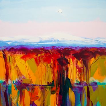 Abstract landscape painting with vibrant colors and floral elements.