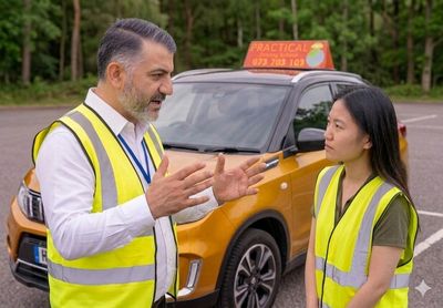 Driving structure and Student having a discussion standing in front of the Driving School car.