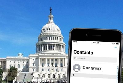 U.S. Capitol Building in background, mobile phone displaying "Contacts" and "Congress" in foreground