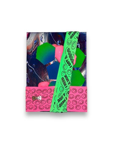 Colorful abstract artwork with smiley faces and geometric shapes.
