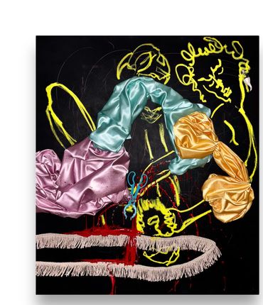 Abstract mixed-media artwork with vibrant fabric and neon yellow line art on black.
