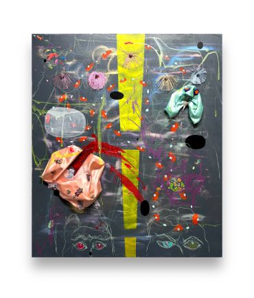 Abstract mixed-media artwork with vibrant colors and textured elements on a dark background.