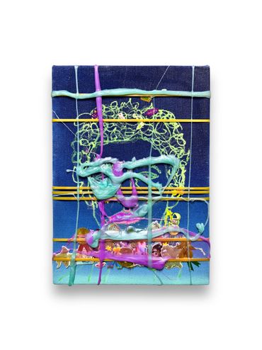 Abstract painting with vibrant colors and textured lines on a blue background.