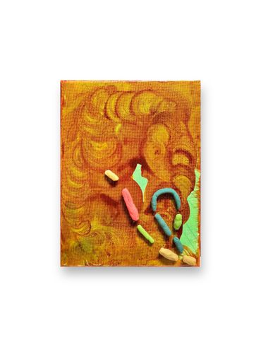 Abstract art with warm swirls and colorful pastel sticks on canvas.