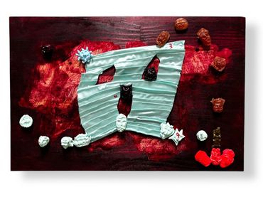 Abstract art with textured white shapes and small faces on a dark red background.