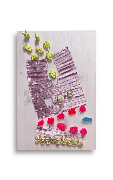 Abstract art with yellow, red, blue, and purple elements on a white background.