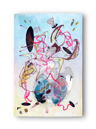 Abstract artwork with musical instruments and vibrant red lines on a pastel background.