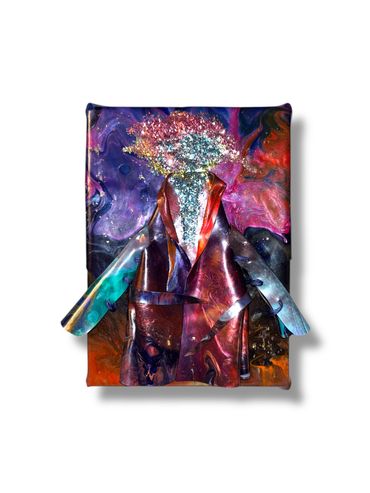 Abstract figure in a colorful, cosmic-inspired jacket with a sparkling, star-like head.