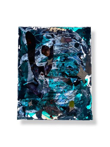 Abstract mixed media artwork with dark and teal tones and layered textures.